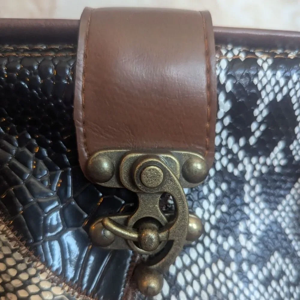 Vintage 70s 80s Leather Patchwork Animal Print Satchel Bag - Picture 3 of 11